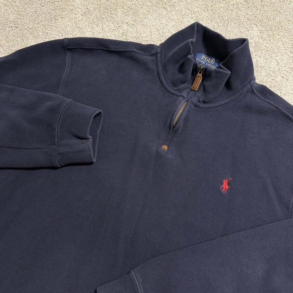 Polo Ralph Lauren Sweater Mens Sz XL Navy Blue 1/4 Zip Knit Pullover 100% Cotton